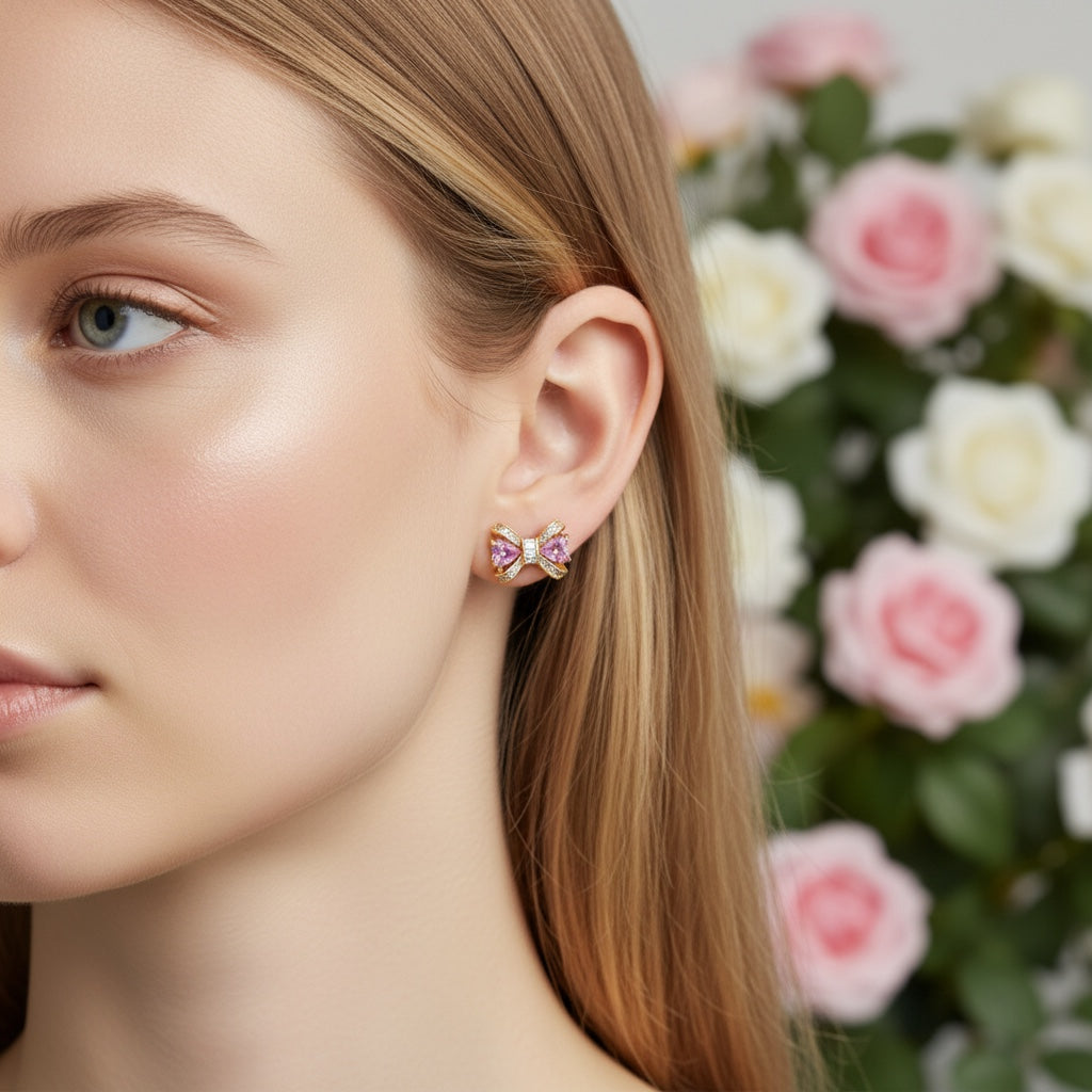 Позлатени обеци на винт "Розови панделки"