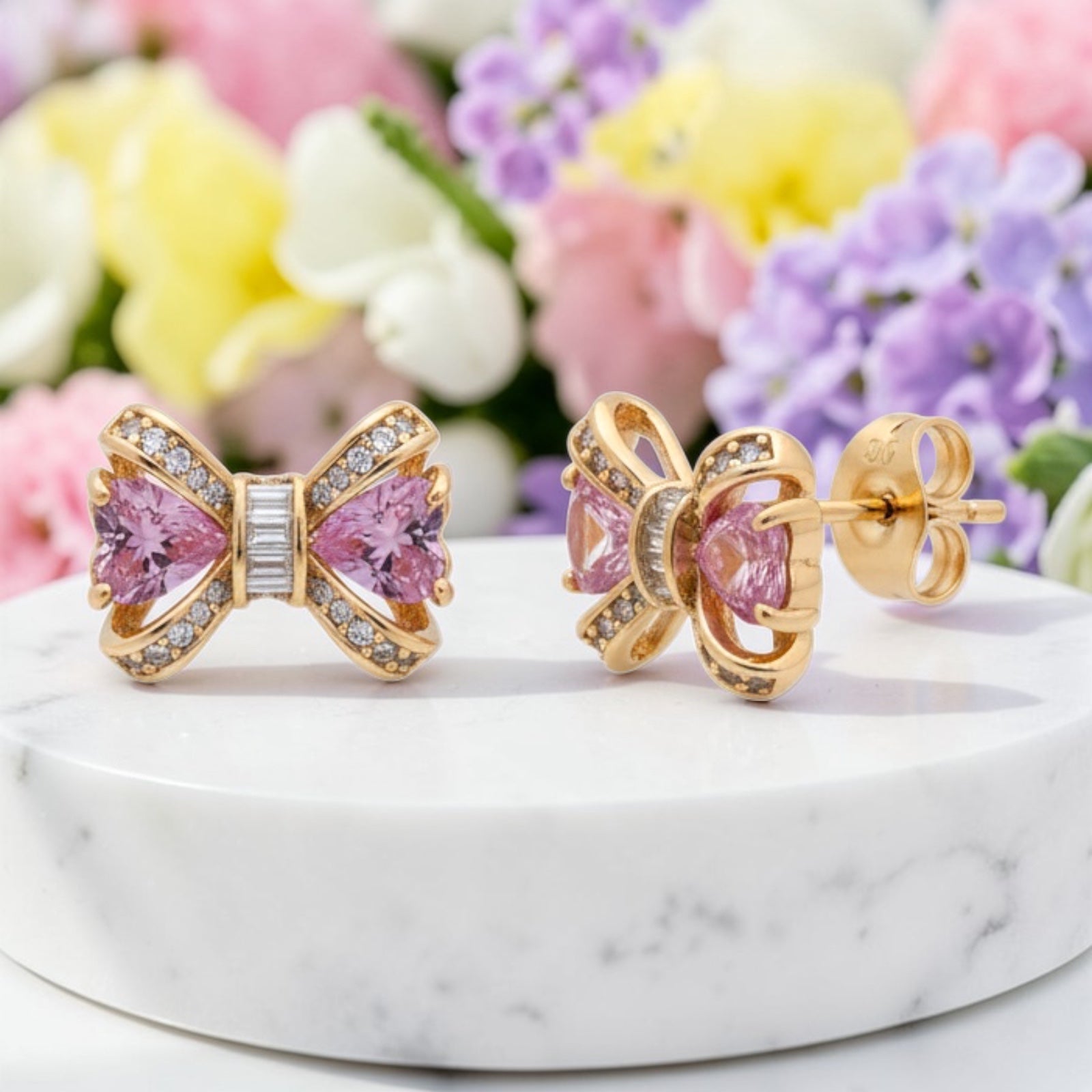 Позлатени обеци на винт "Розови панделки"